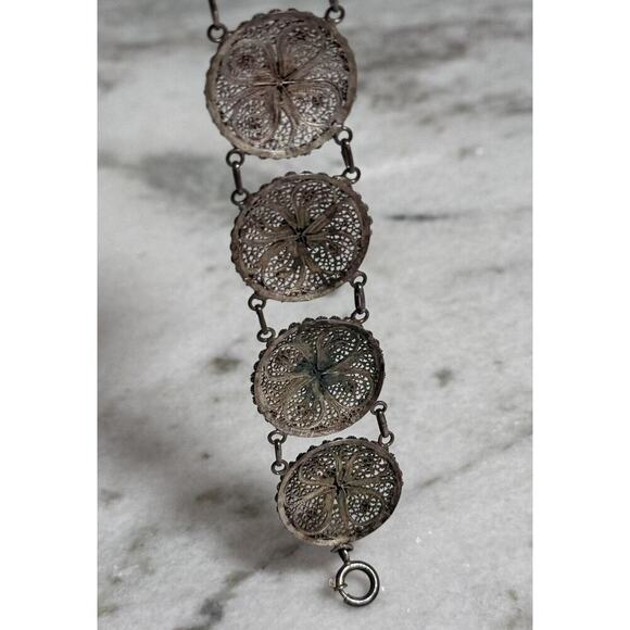 Antique Victorian Sterling Silver Filigree Flower Link Bracelet - Picture 9 of 9